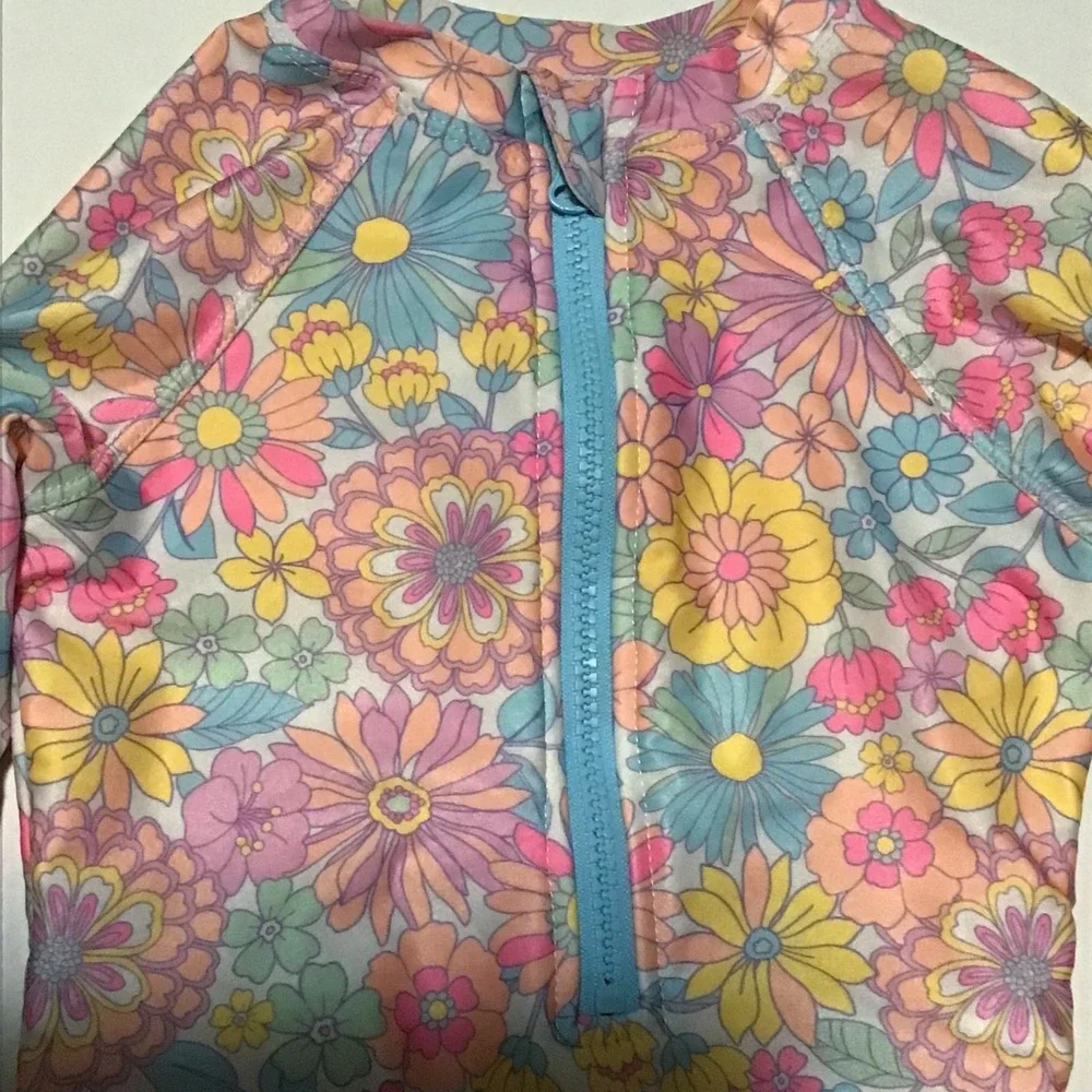 Wonder Nation Kids Floral Long Sleeve One Piece Swimsuit XS 4-5 Retro Pastel Zip